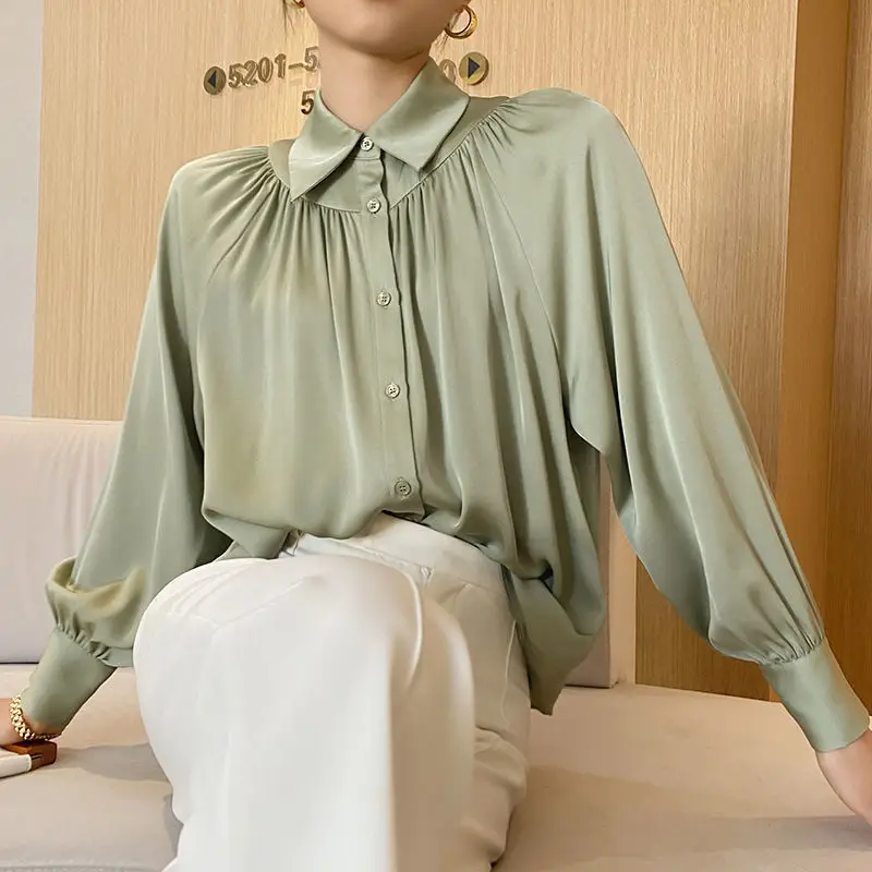 

2022 Fashion Women Shirt Lantern Sleeve Tops Temperament Lady Single Breasted Pleated Ruched Loose Blouse Clothes