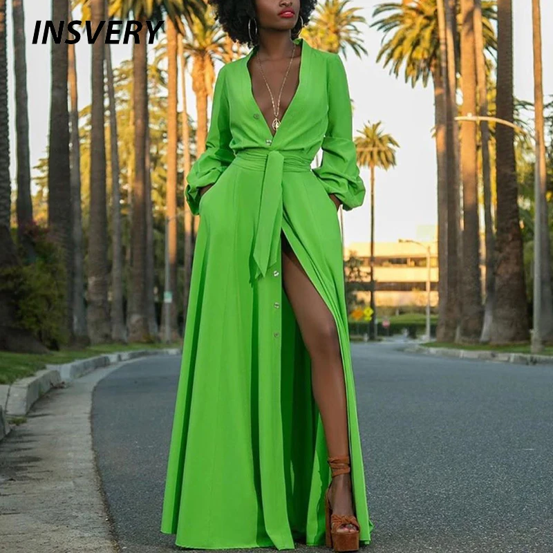 

Summer Long Sleeve Sundress Women Bow Tie High Split Party Dress Women Spring Sexy V Neck Long Maxi Shirt Vestidos 2022