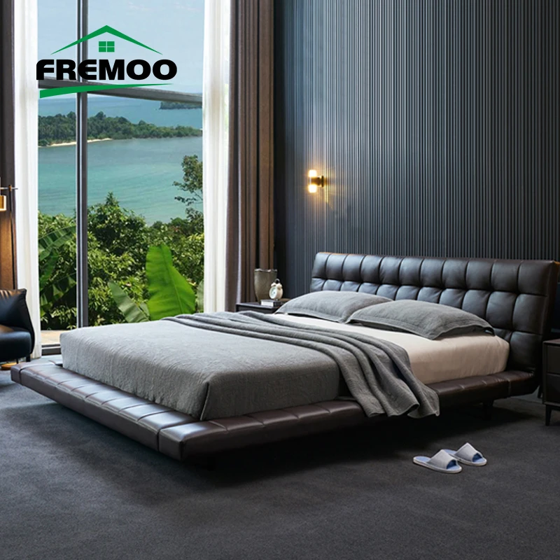 Queen Bed Black Leather Wooden Double Bedroom Furniture Set Мебель Для Спальни
