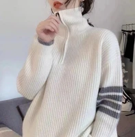 tb striped four bar v neck zipper sweater autumn and winter lovers loose casual sweater cardigan womens trend