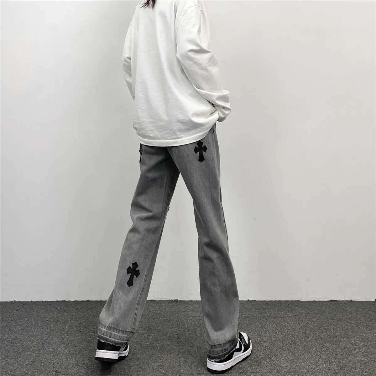 Men's Jeans Ins American Embroidered Label Cross Label Straight Loose Casual Jeans Men and Women Trousers Y2k Pants Ins Hot Sale