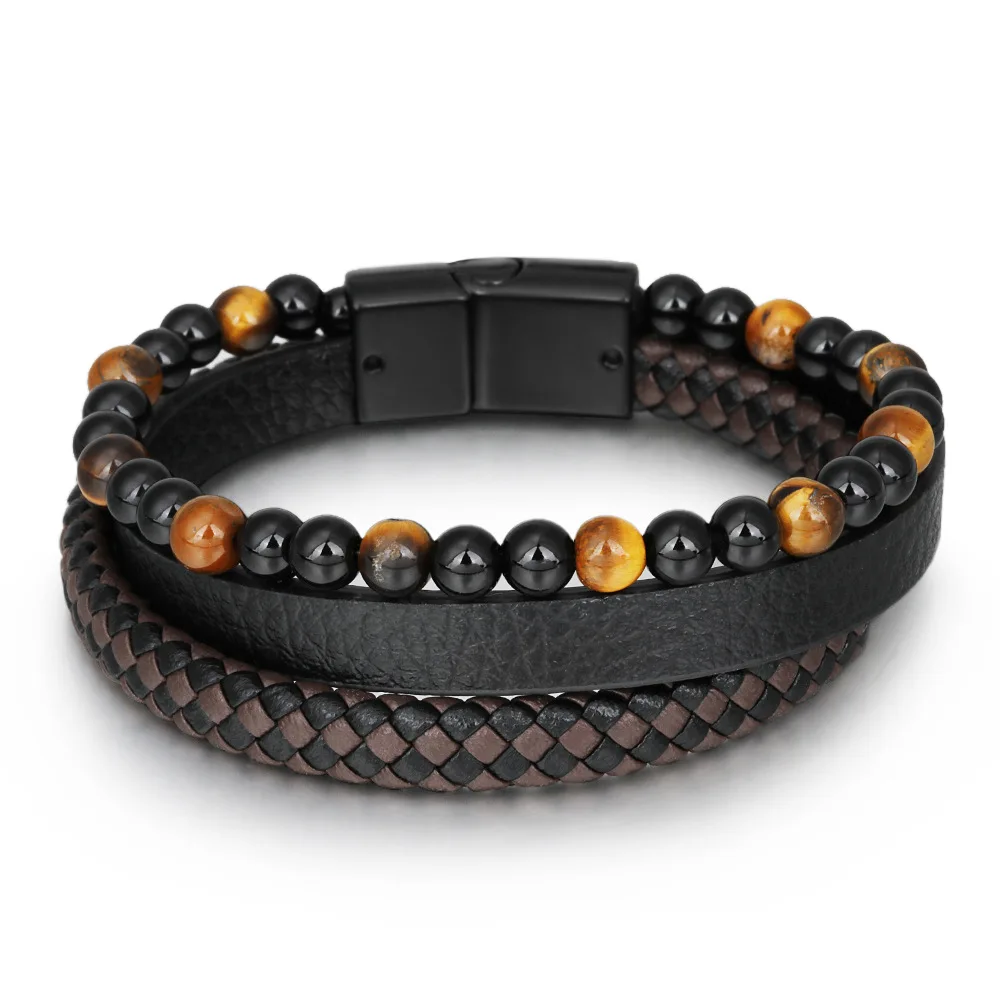 

New Leather Braided Bracelet Stone Bracelets Genuine Black Stainless Steel Magnetic Clasp Tiger eye Bead Bangles Men Jewelry