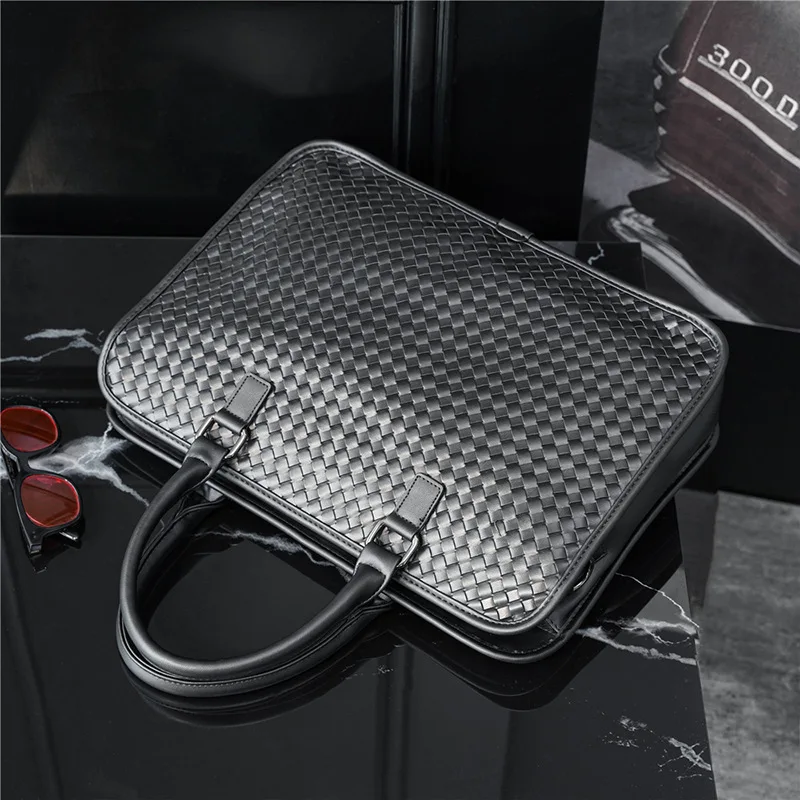 Luxury Woven Leather Men's Handbags Top-Handle Bags Fashion Business Men Tote Bag With Shoulder Strap Messenger Bags Briefcase