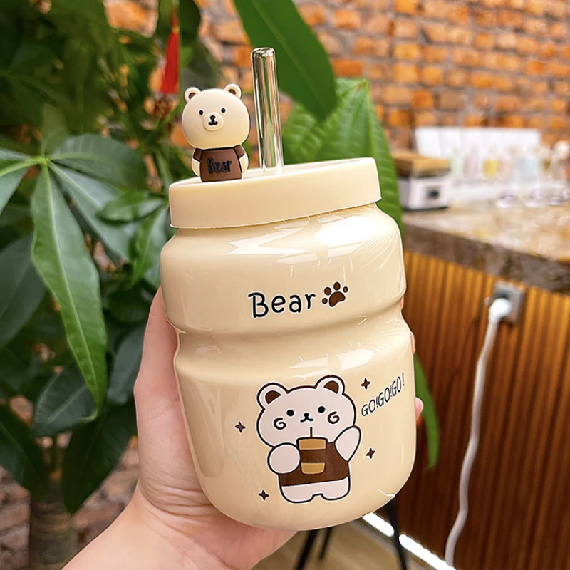 

500 мл Новый корейский мультяшный медведь керамическая соломенная чашка для воды фотография с крышкой Ложка Подарочная чашка