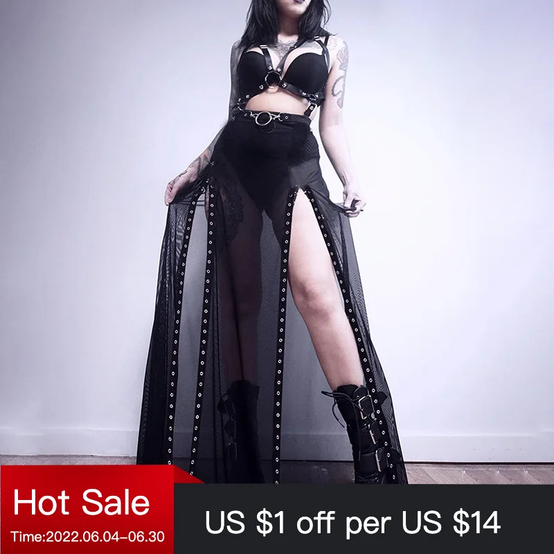 

Mall Gothic Harajuku Punk Black Hole Skirt Y2K Goth Mesh Grunge Patchwork Eyelet Split Long Skirt Summer Sexy Night Club Skirts