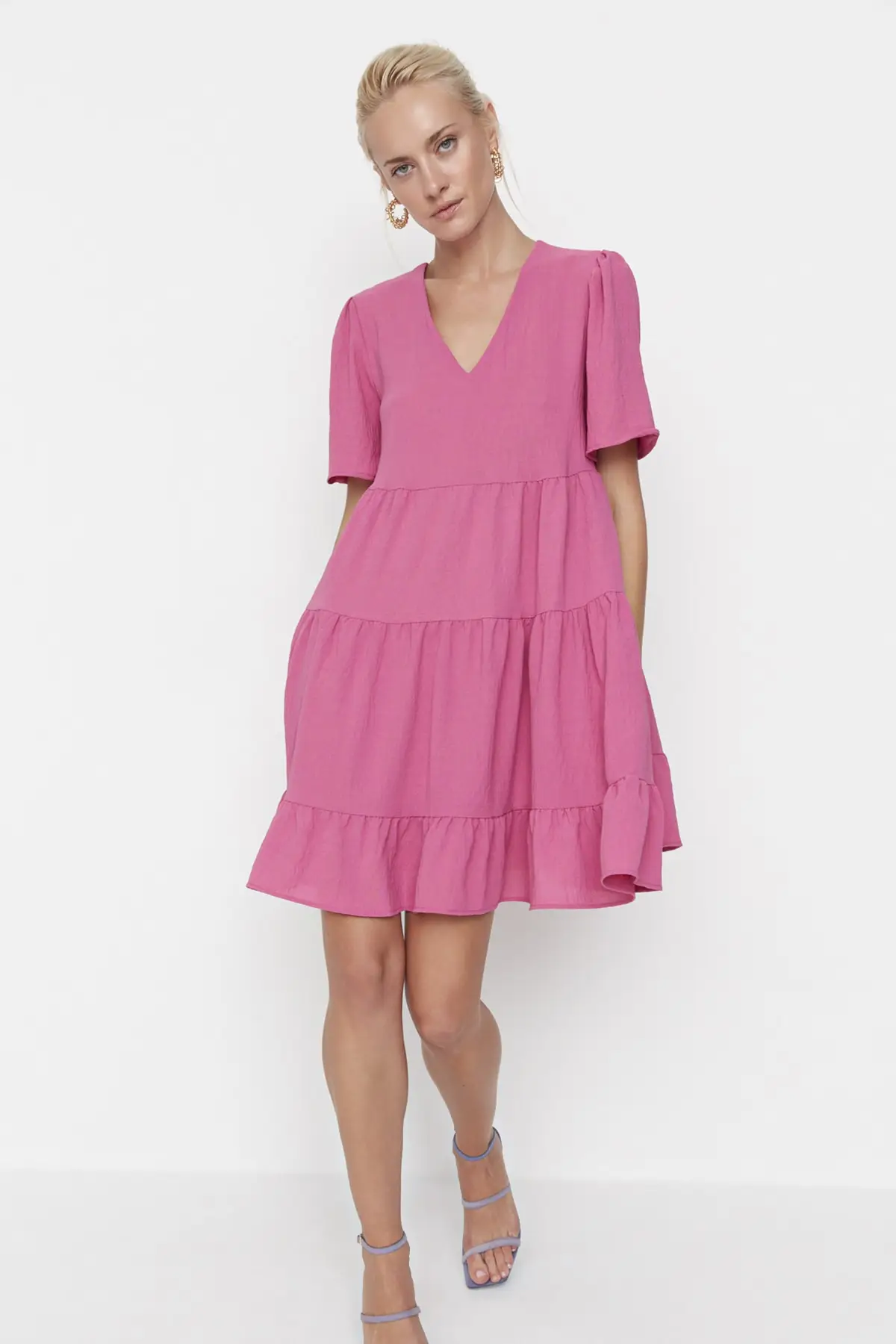 

Pink Basic Dress TWOSS20EL0400 Cool Comfort Plain Standard Sleeve Regular V-Neck Mini Aerobin Short Polyester Woven Shift