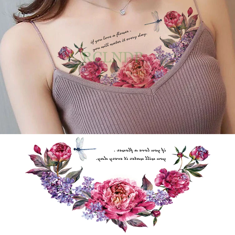 

Waterproof Temporary Tattoo Sticker Beautiful Flower Pink Fake Tatoo Large Size Flash Tatto on Breast Chest Waist for Women Girl