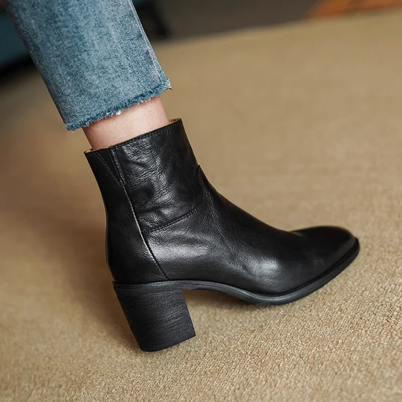 Ботильоны женские на высоком толстом каблуке выразительная обувь из воловьей