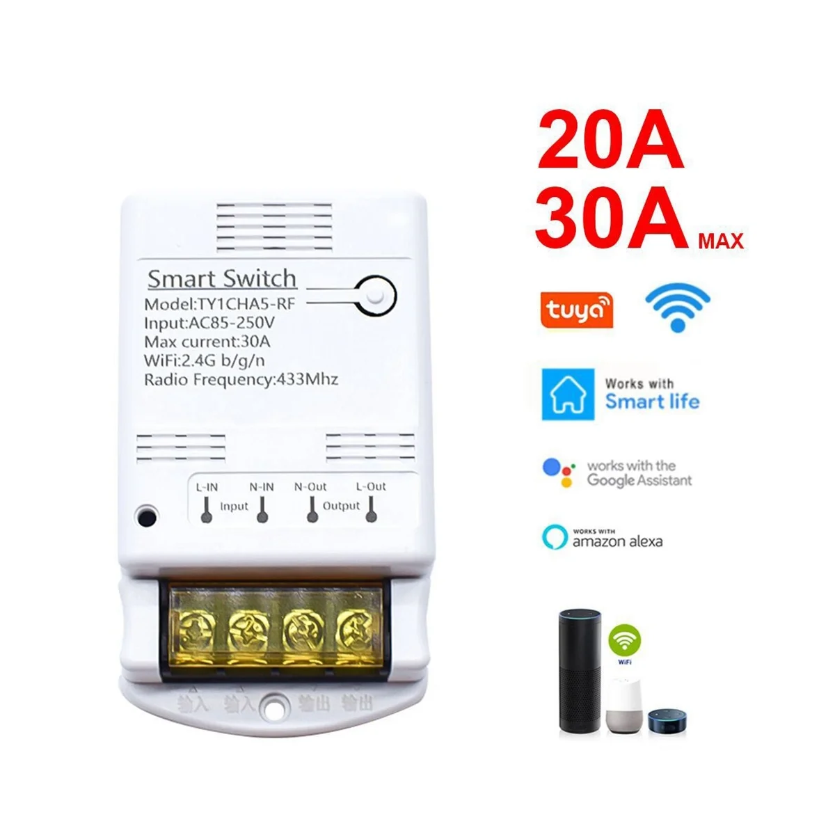 Смарт-переключатель Tuya Wi-Fi 30 А 85-250 В 433 МГц