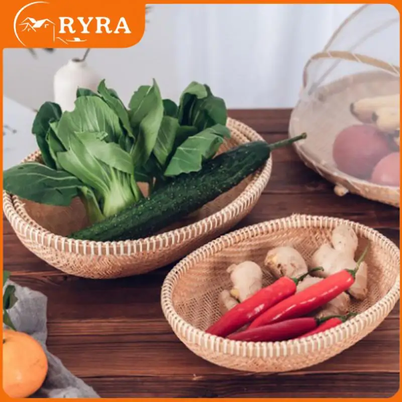 

Hand-Woven Food Basket Tray Bamboo Vegetable Fruit Storage Basket Bread Mosquito Net Cover Home Picnic Kitchen Accessories