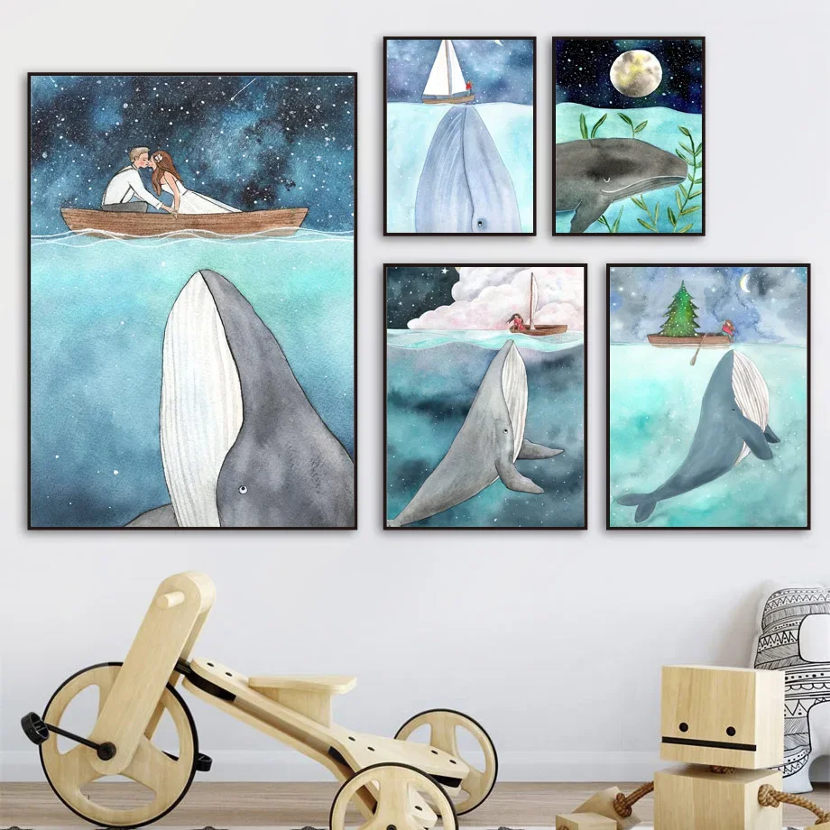 Китов нарваль девочка мальчик океан Мир Детская стена искусство холст картина