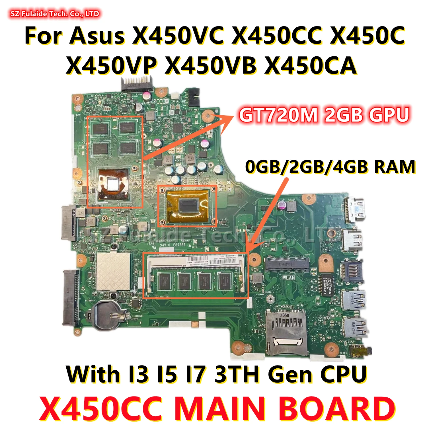 

Материнская плата X450CC для Asus X450VC X450CC X450C X450VP X450VB X450CA, материнская плата для ноутбука I3 I5 I7 3-го поколения ЦП GT720M 2G GPU 4G-RAM