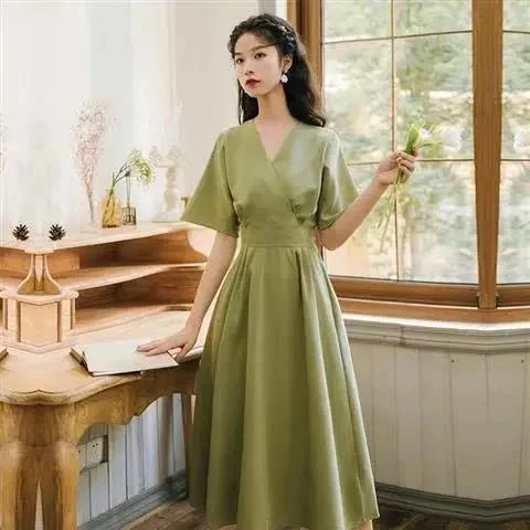 

YIHUA Casual Dress For Women Korean Retro V-neck Chiffon Short Sleeve Dresses