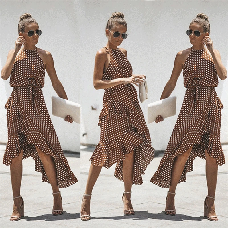 

Bigsweety Vintage Women Polka dot Dresses Summer Ruffles Halter Irregular Lace Up Dress Sleeveless Dresses For Female Vestidos
