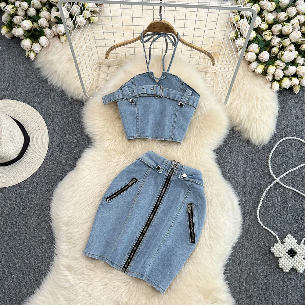

Fashion Denim Skirt Suit Women's Halter Backless Sleeveless Slim Short Top Two-piece Sets High Waist Mini Short Jeans Skirts