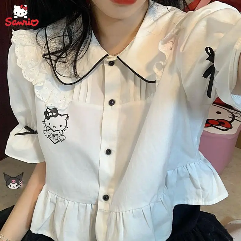 

Платье с рисунком Hello Kitty, костюм с белой рубашкой, летняя повседневная одежда с рисунком аниме Sanrio, черная Студенческая одежда Hello Kitty, подаро...