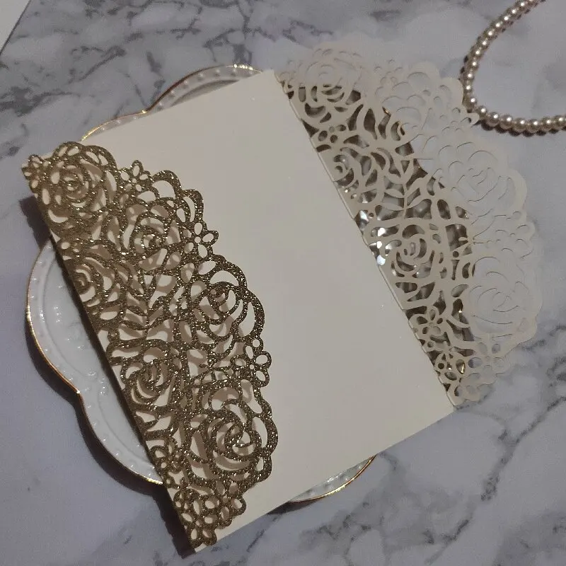 

50pcs Champagne Gold Glitter Wedding Invitations Cards Pocket English Garden Rose Floral Bridal Shower Invitation Printing