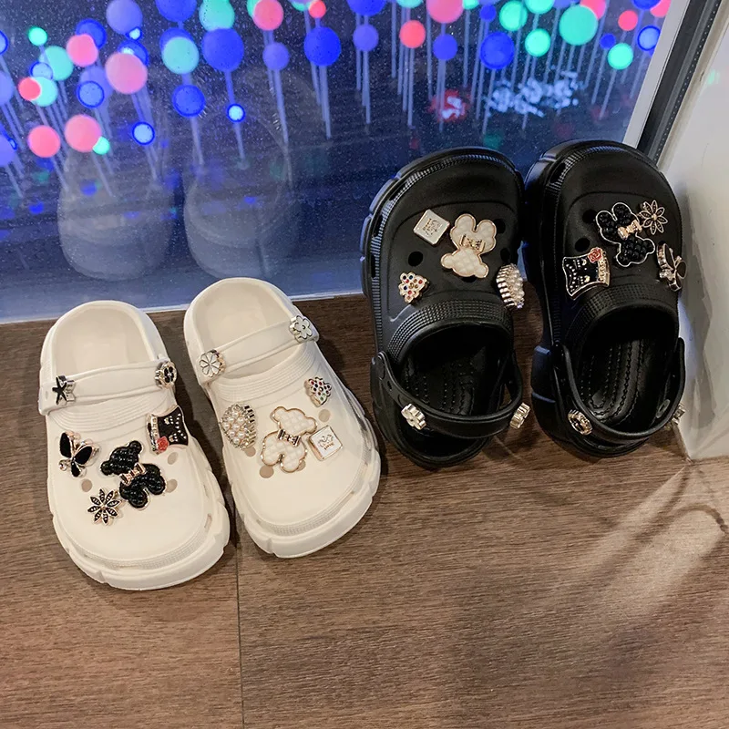 Children's Summer New Hole Shoes DIY Decoration Black White Bowtie Plaid Bear Set Thick Sole Two Wear Slippers
