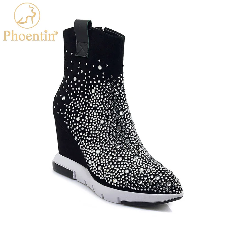 

Phoentin Crystal Wedges heel Ankle boots woman pointed toe platform Cow Suede short boots 2022 new Retro Black shoes FT1958