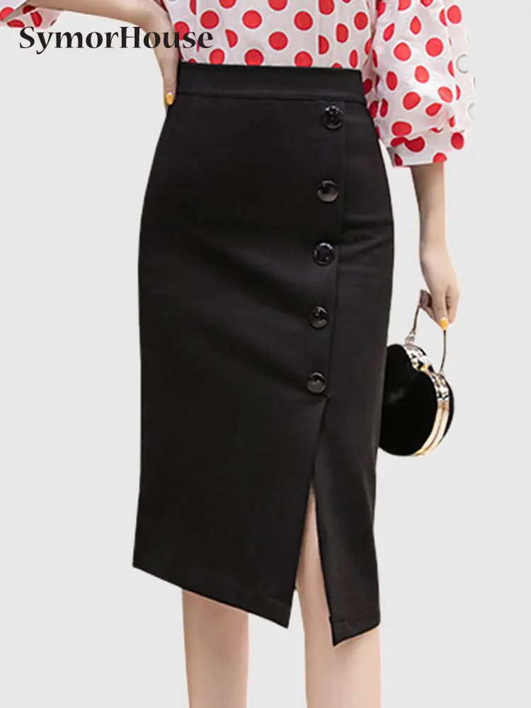 

Женская юбка с завышенной талией, черная однобортная офисная юбка с разрезом, облегающая бедра, весна-лето
