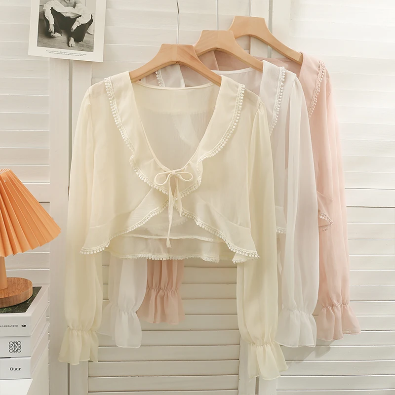 

Butterfly Drawstring Blouses For Women All Season Flare Long Sleeve Open Stitch Femme Shirts See Through Woman Blusas Dropship