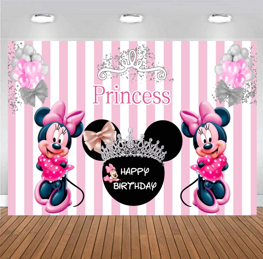 

Disney Minnie Mouse Backdrop Girls Princess Happy Birthday Party Baby Shower 1st Photography Background Photo Banner Decoration