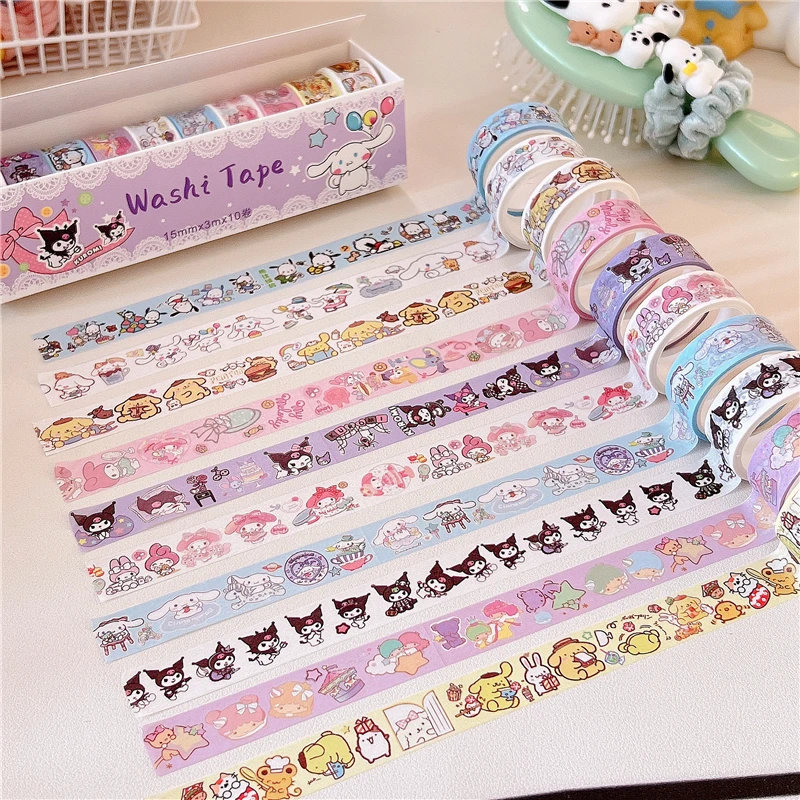 10pcs/lot Kawaii My Melody Cinnamoroll Kuromi DIY Decorative Washi Tape Anime Sanrioed Cute Girl Heart Material Tape Stickers