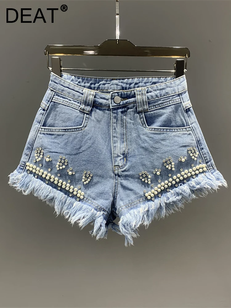 

DEAT Women Denim Shorts High Waist Light Blue Diamonds Pearls Burrs Design Wide Leg Short Pants 2023 Summer New Fashion 29L2036