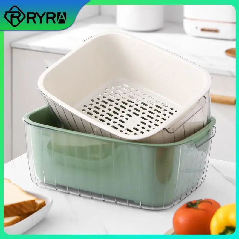 

Transparent Draining Basket Plastic Fruit Basket. Double-layer Pet Basket Binaural Handle Home Storage Rice Washing Basket