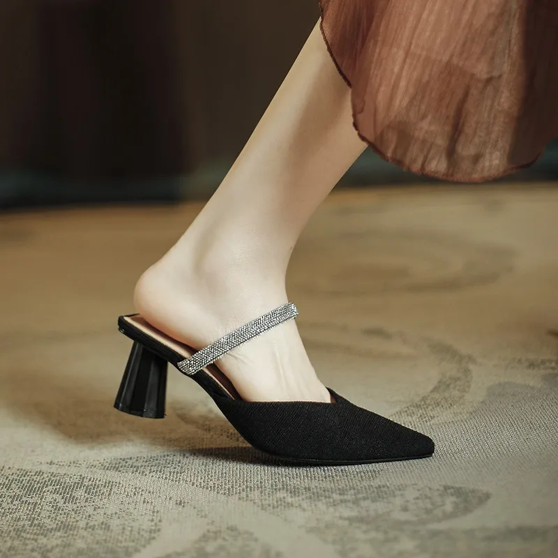 

Summer 2023 High-heeled Women Mules Slippers Woman Mixed Color Strange Heel Sandals Baotou Female Outdoor Square Button Shoes