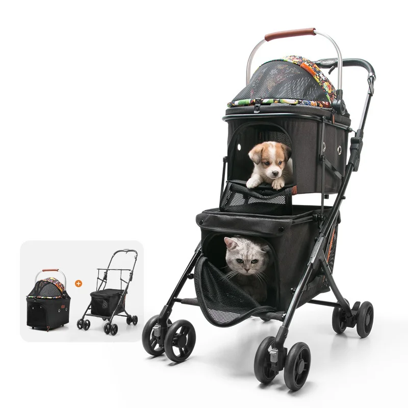 Detachable Double-layer Pet Stroller Lightweight Foldable Dog Strollers for Small Dogs Cat Trolley Bearing Weight 20kg