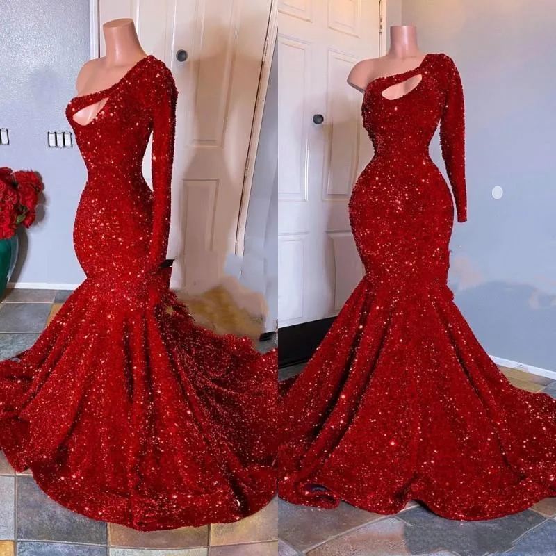 

Luxury Sequin Mermaid Evening Dress African Dubai One Shoulder Long Sleeve Sparkly Cocktail Prom Gowns 2022 Maxi Occasion Gown