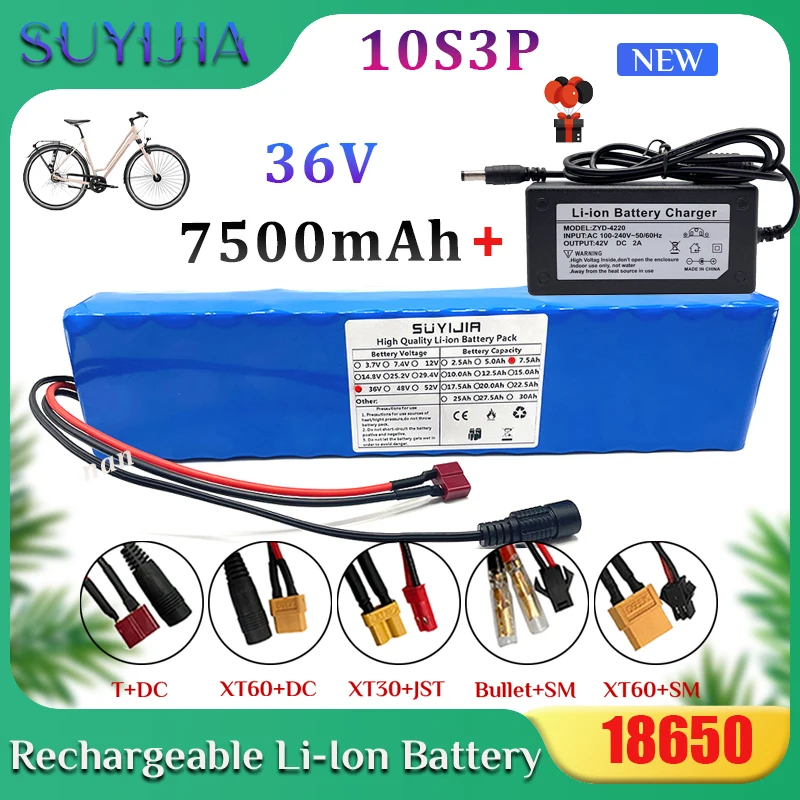 

10S3P 36V 18650 Rechargeable Lithium Battery Pack Built-in BMS 7500mAh for Electric Bicycle Electric Scooter with 42V 2A Charger