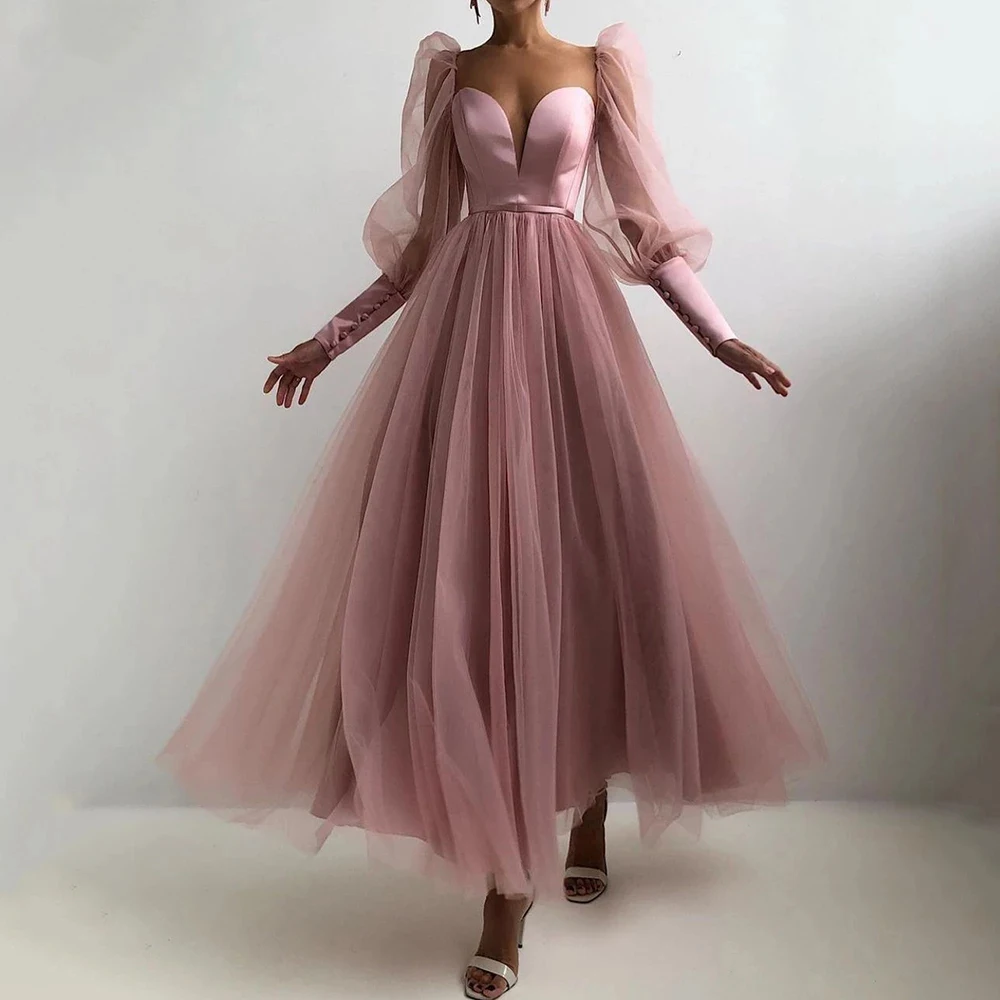 

Pink A Line Tulle Prom Dress Long Puffy Sleeve Sweetheart Simple Formal Evening Cocktail Gowns Open Back Ankle Length Dresses
