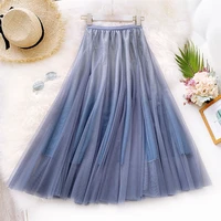 summer autumn high elastic waist mesh long maxi women pleated skirts gradient color tulle tutu skirt holiday wear