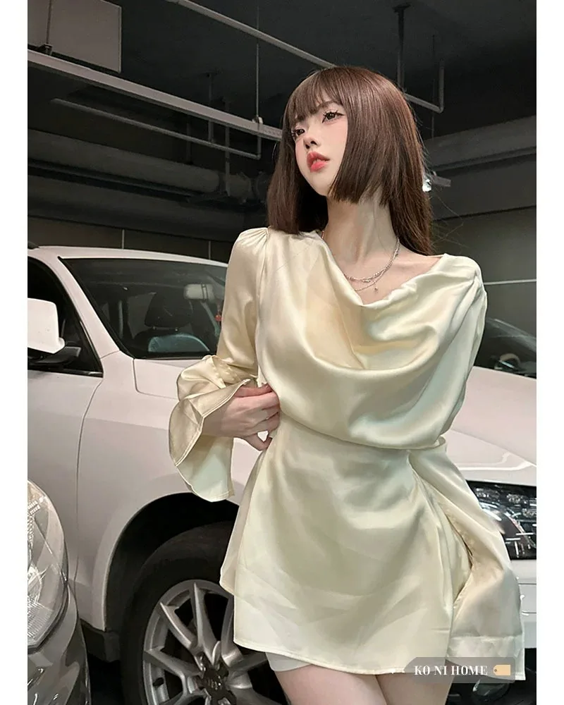 Рубашка Женская атласная с длинным рукавом однотонная плиссированная блуза