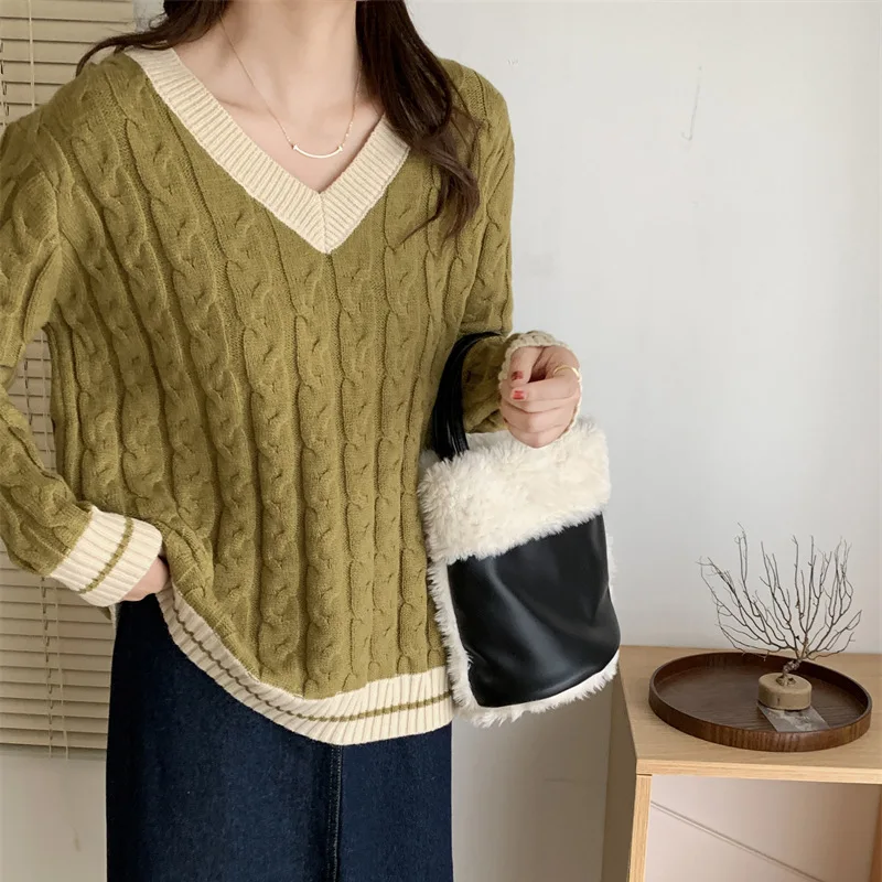 

2022 New Autumn And Winter Women‘s Literary And Artistic Style Fried Dough Twist V-neck Pullover Sweater Versatile Knit Top