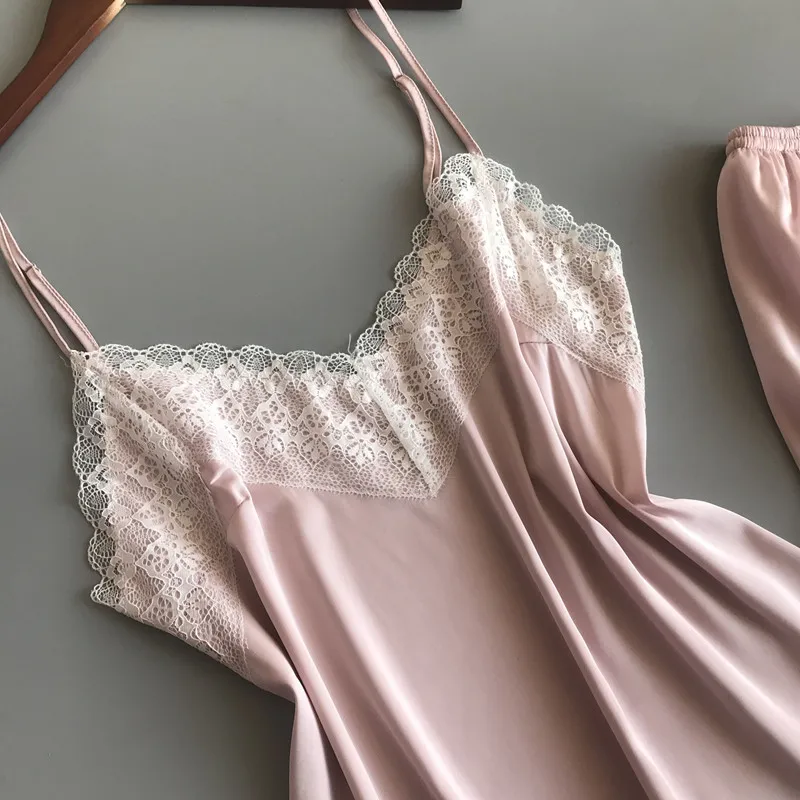 Pajamas Nightwear Ice Silk Sleeveless V Neck Shirt Shorts Lace Edge Homewear Sleep Suit Nightgown Sexy Backless Loungewear 2pcs