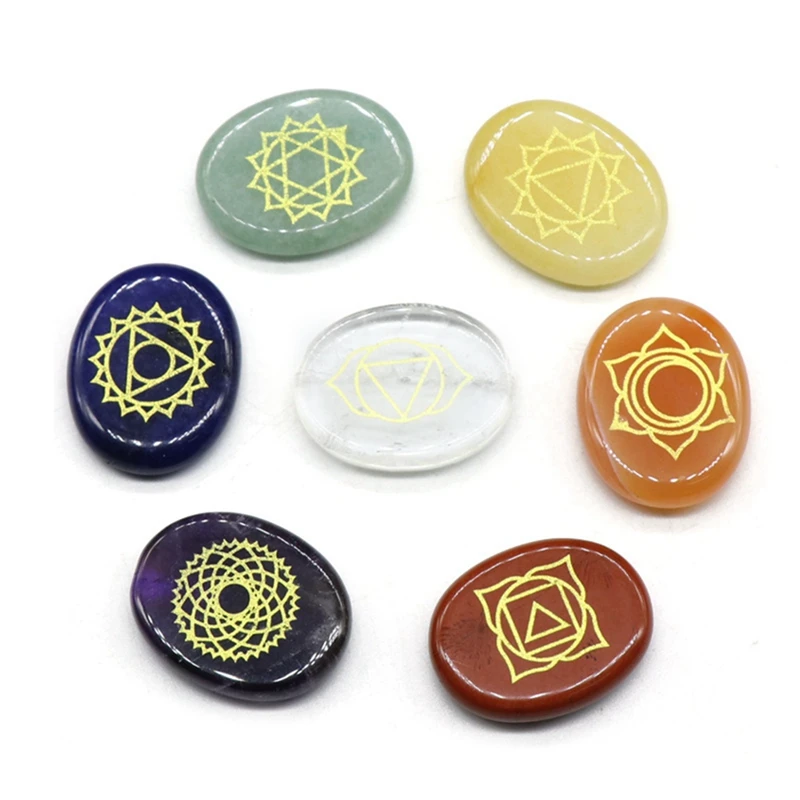 

7Pcs Chakra Stones Reiki Healing Quartz Engraved Chakra Symbols Holistic Balancing Polished Palm Energy Stones Decor