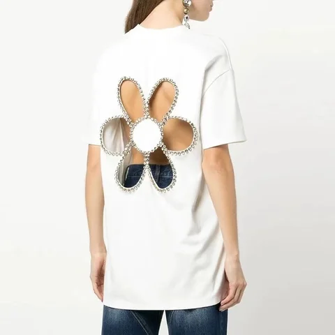Женская футболка средней длины, свободный универсальный топ с круглым вырезом и цветочным принтом со стразами, y2k, лето 2023