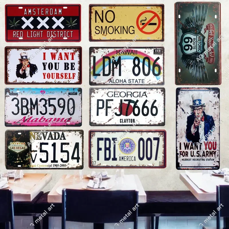 

American Car Number License Metal Plates Shabby Rusted Metal Tin Sign Bar Pub Garage Motor Club Wall Plaques Decor Pin Up Signs