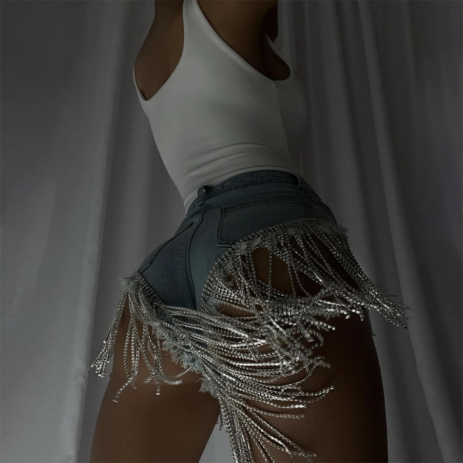 Женские джинсовые шорты ручной работы с заниженной талией и кисточками