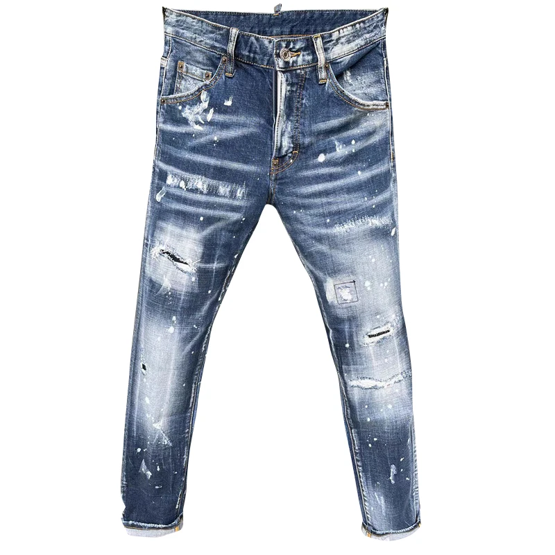 NEW style Starbag DSQ four  jeans men's letter leather logo hole paint dot hip hop slim Blue Elastic Italian pop brand D2d