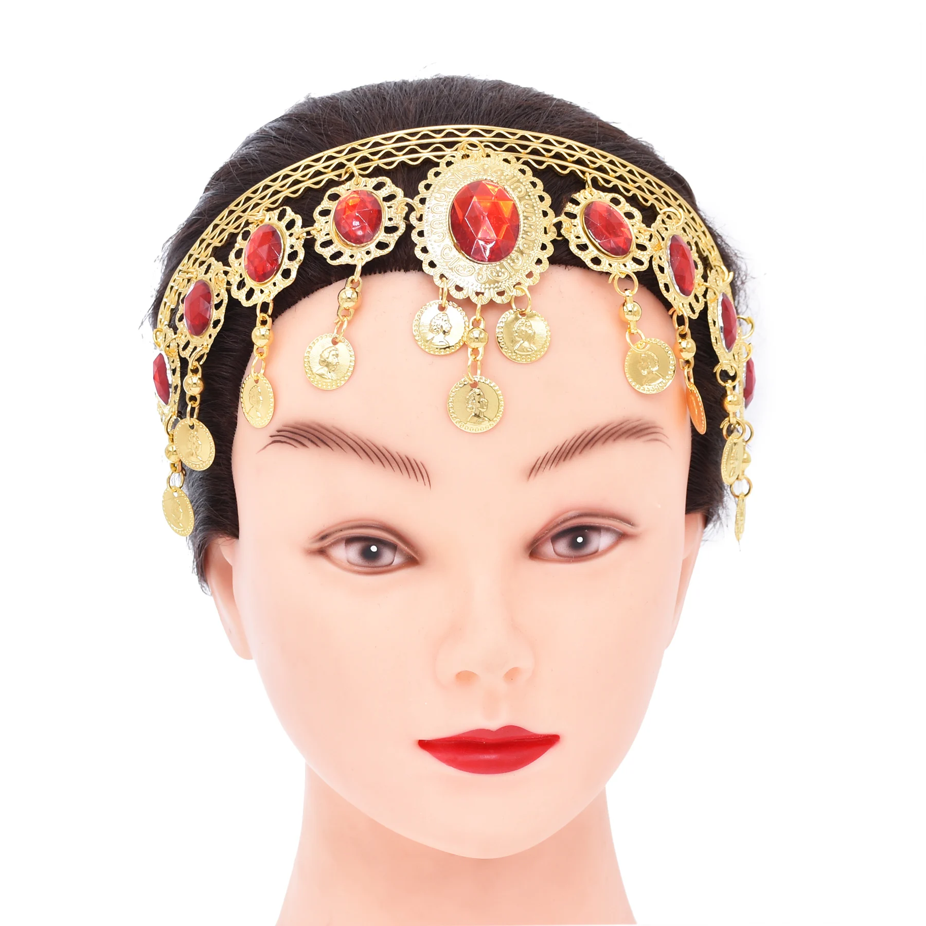 Alloy Hollow Out Pattern Red Crystal Long Coin Tassel Hairband For Women Party Gift Hair Accessories