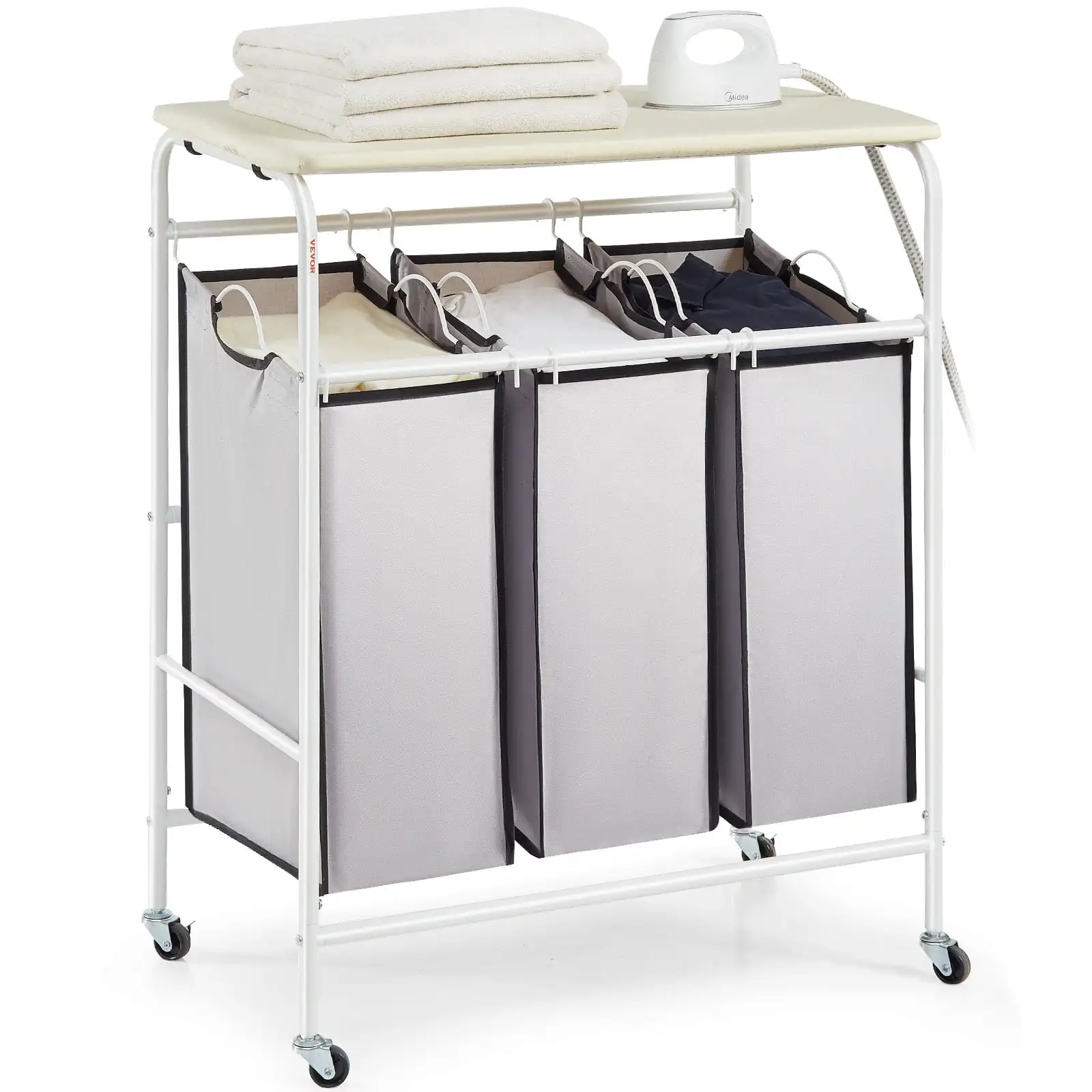 

BENTISM Laundry Sorter Cart 3-Section Rolling Laundry Basket Organizer with Ironing Board Top & Removable 3 Bags White