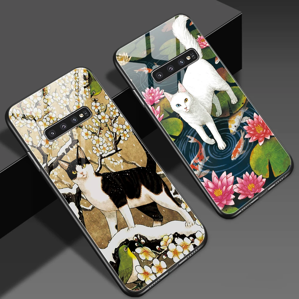 

Hand Painted Cat For Samsung Galaxy S22 S10 A50 S8 S10e S20 FE Ultra A52 A52S 5G A32 A71 Note 20 10 9 Plus Tempered Glass Case