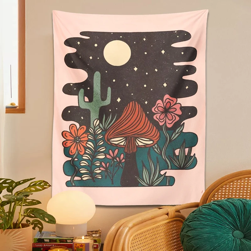 

Pink Mushroom Tapestry Cute Girl Wall Hanging Starry Sky Throw Blanket Home Decor Bohemian Hippie Room Dormitory Art Home Decor