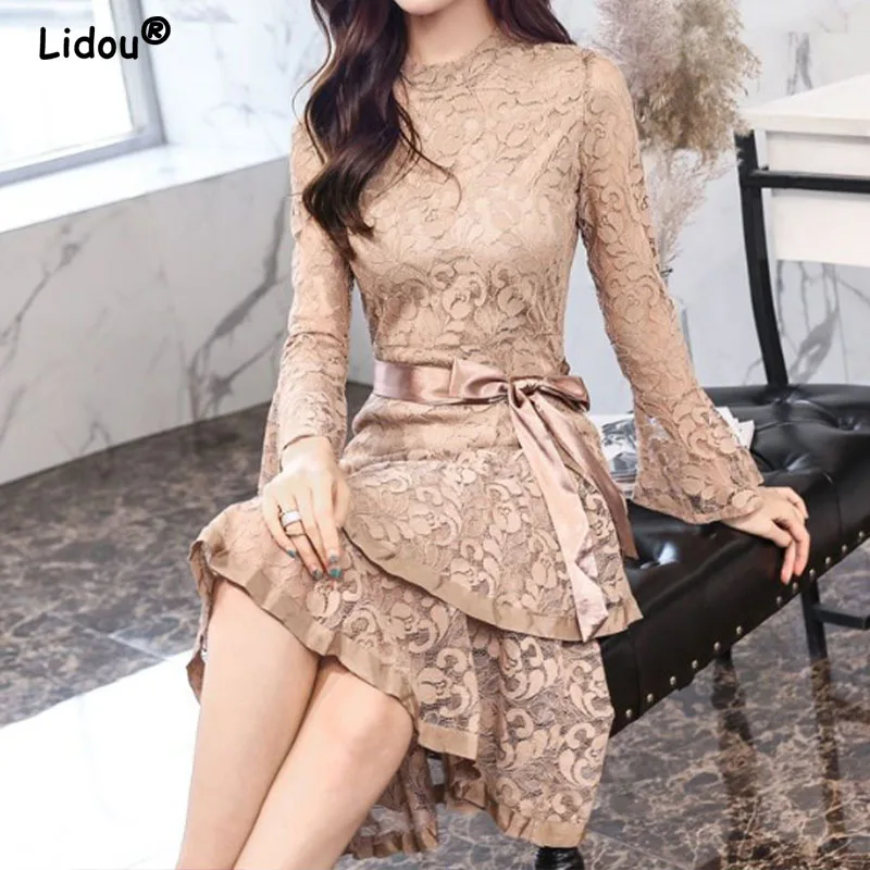 

Summer Autumn 2022 Elegant Fashion Lace Hollow Dress for Women Sexy Long Sleeve Solid Color Lacing Elegant Evening Party Dresses