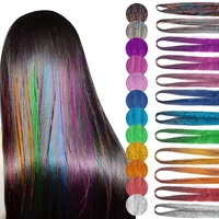 laser shiny hair tinsel rainbow silk hair extensions dazzles women hippie for braiding headdress long 90cm120cm 120 strandsbag