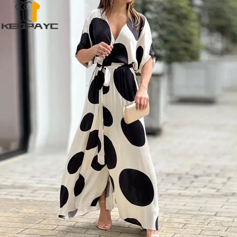 

Summer Women's Dress New 2023 Women Elegant Dot Print V-neck Half Sleeve Tie-up Waist Loose Maxi Dresses Ladies Casual Clothes